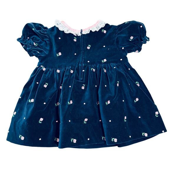 Vintage Velvet Dress Satin Bows Embroidered Rose Accents Lace Puff‎ Sleeve 12M - Picture 2 of 10